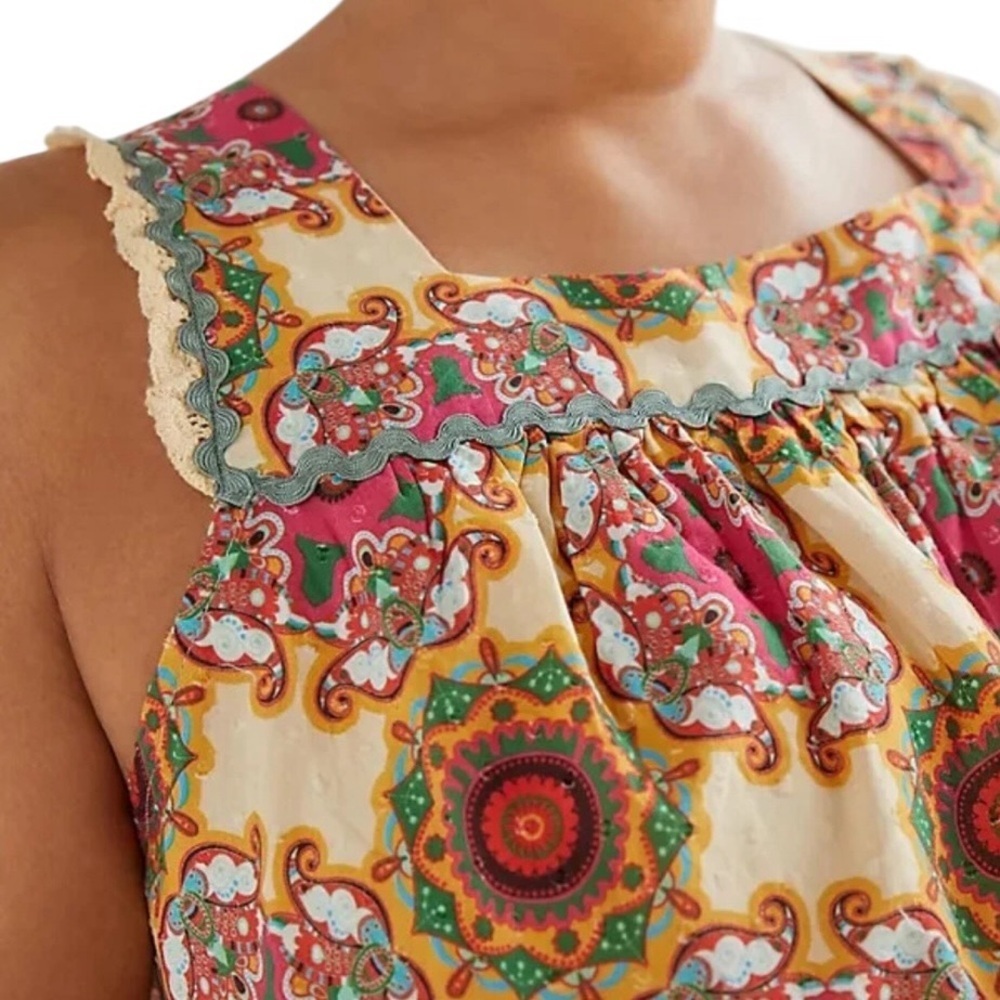 Anthropologie Let Me Be Cotton Abstract Ruffled Tank Top Size 8 - Picture 2 of 11